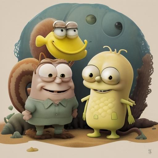 Squidward sighs, with grumpy disdain,
But SpongeBob's smile eases the pain.
Sandy, the squirrel, his scientific peer,
Sh...