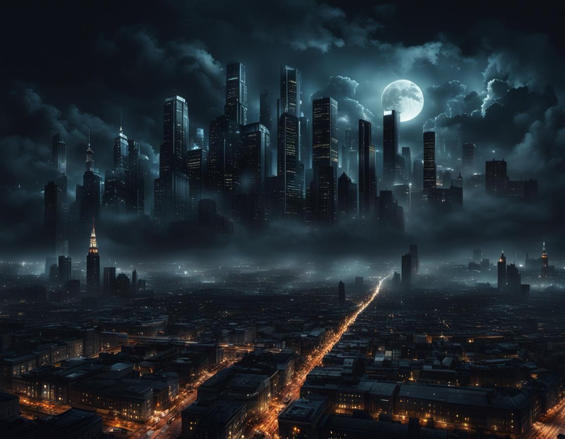 Creepy Nighttime Cityscape in Panoramic Digital Painting