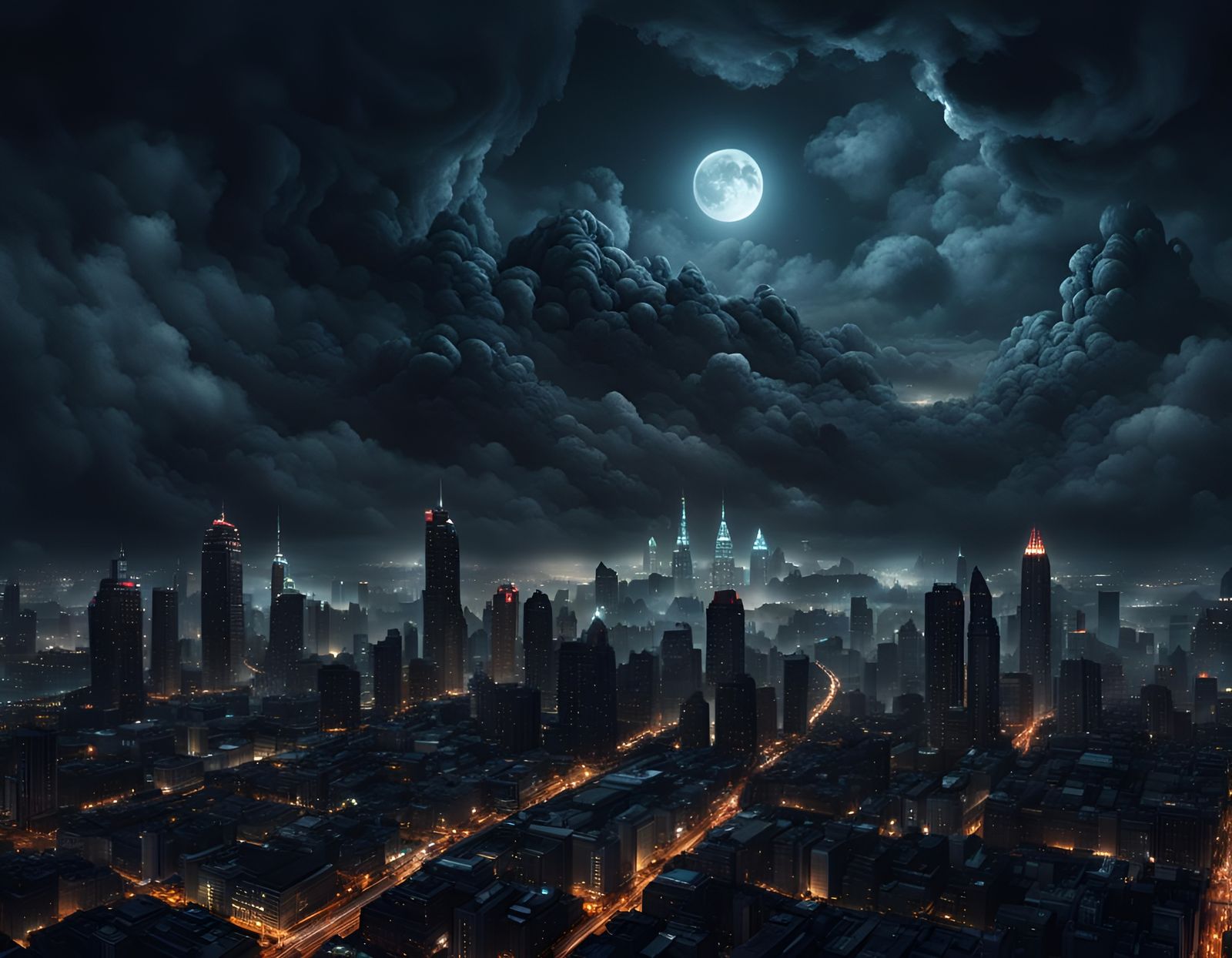 Creepy Nighttime Cityscape in Panoramic View
