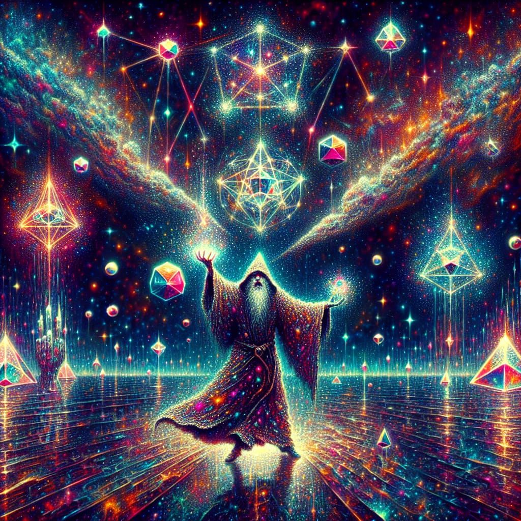 Wizard Casting Sacred Geometry in Glitchcore Style