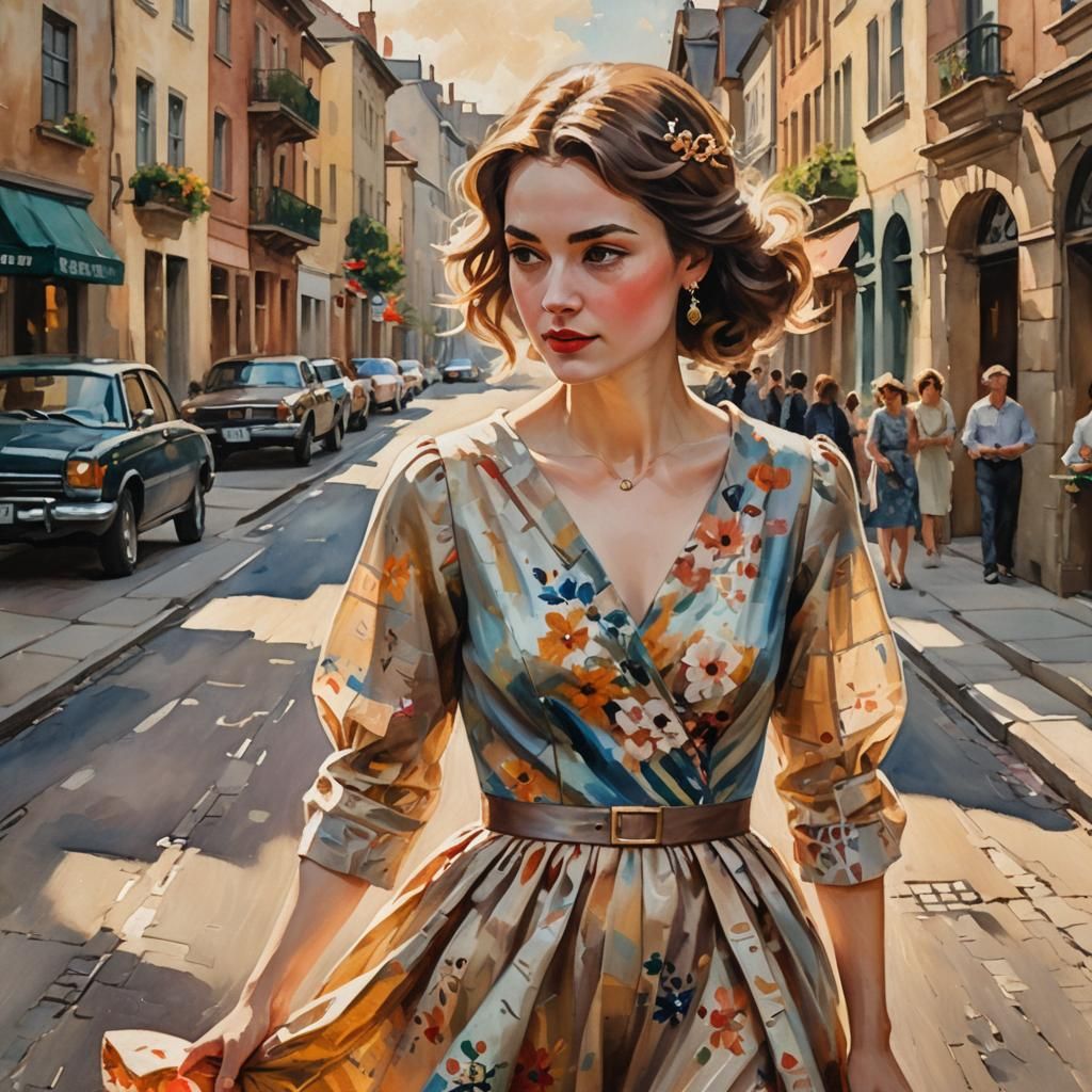 Girl in Gown Zooming Through Vintage Town as Oil Painting