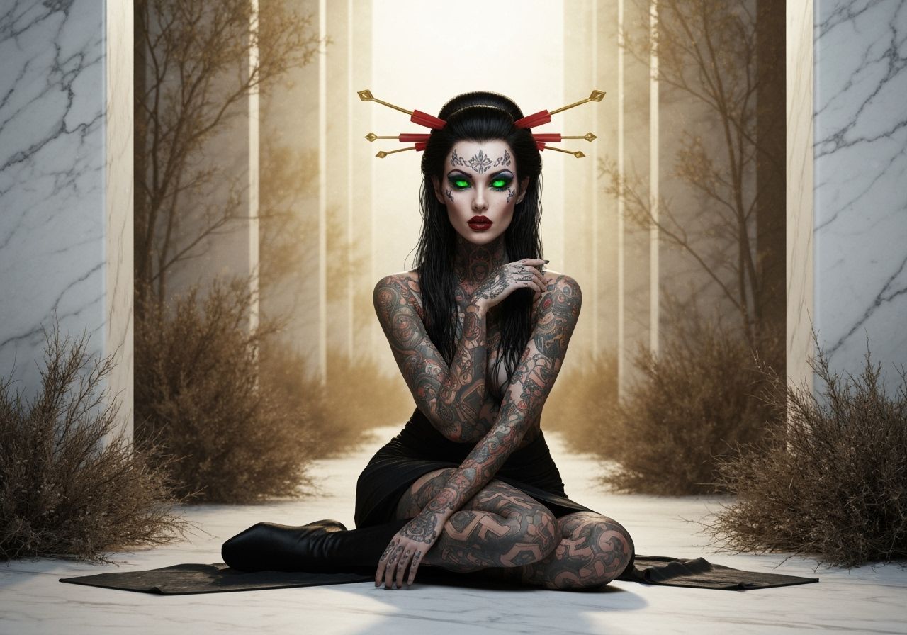 Geisha Vampire Queen in Dystopian Marble Forest