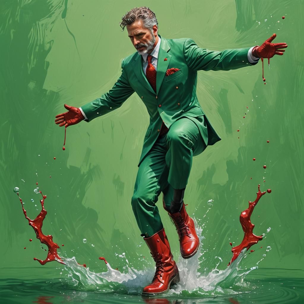 Hyperrealistic Portrait in Green Suit and Red Boots