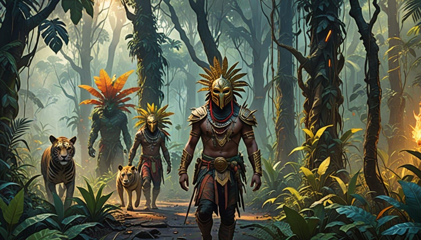 Masked Figures in Jungle, Vibrant Oil Painting