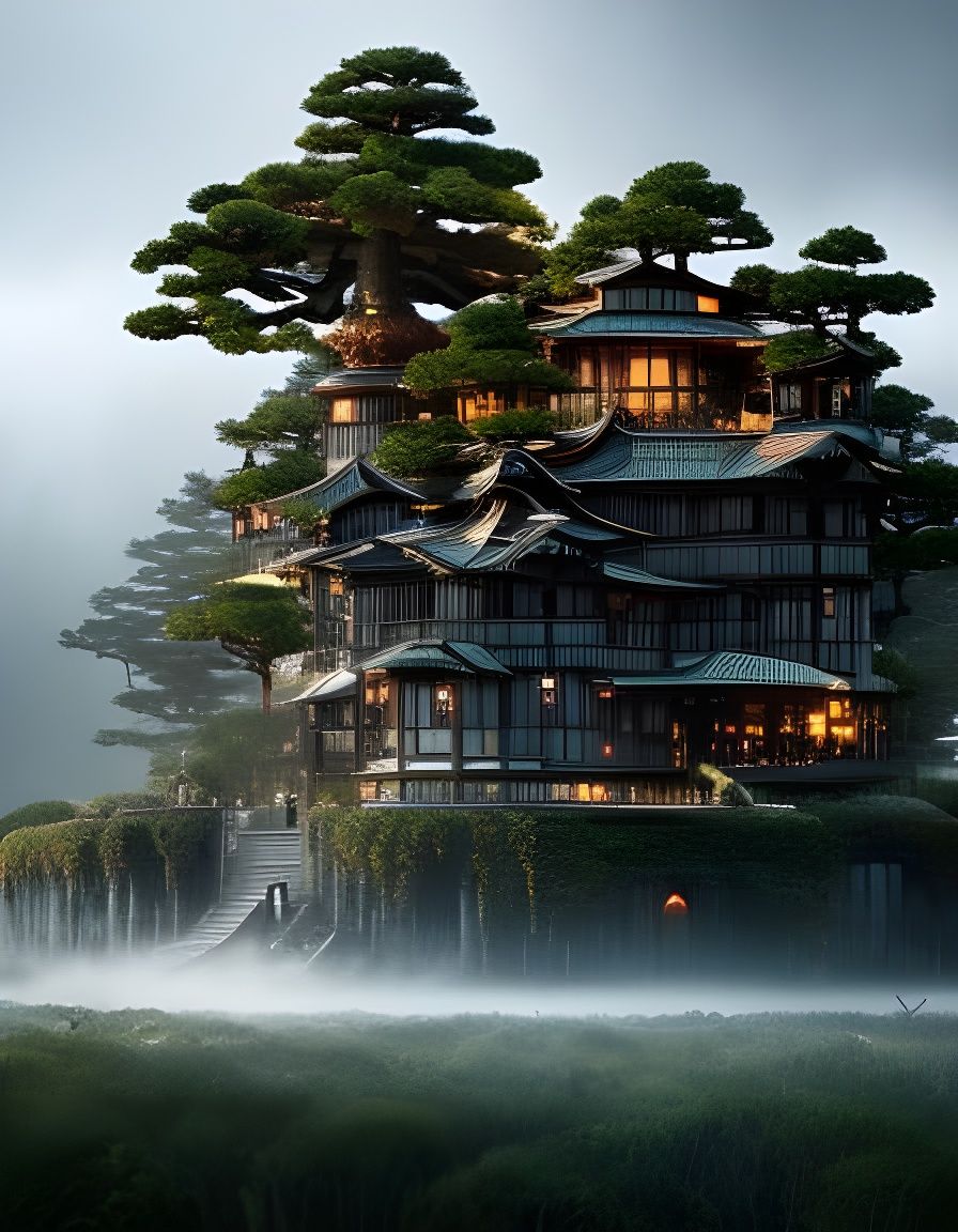 Clockpunk Crystal Bonsai Village in Swirling Fog