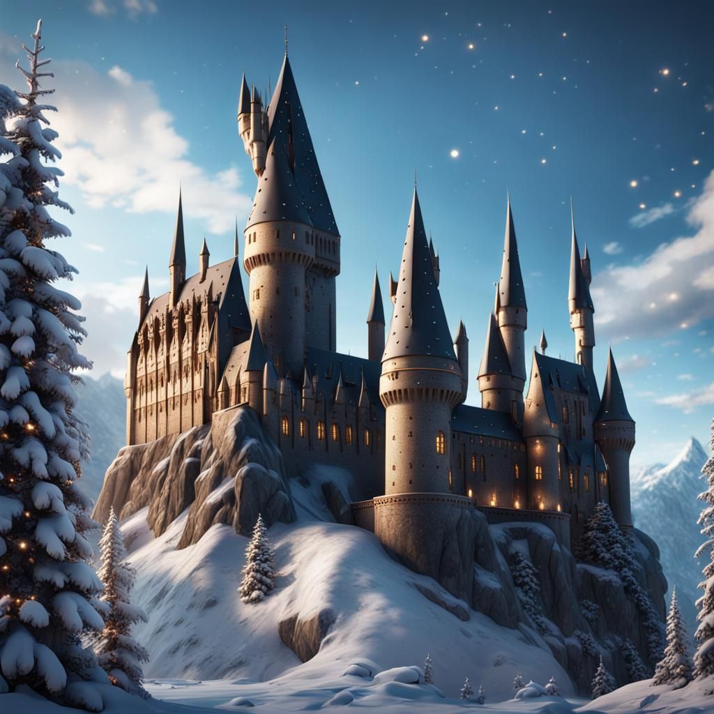 Snowy Hogwarts Castle Christmas Fantasy Art