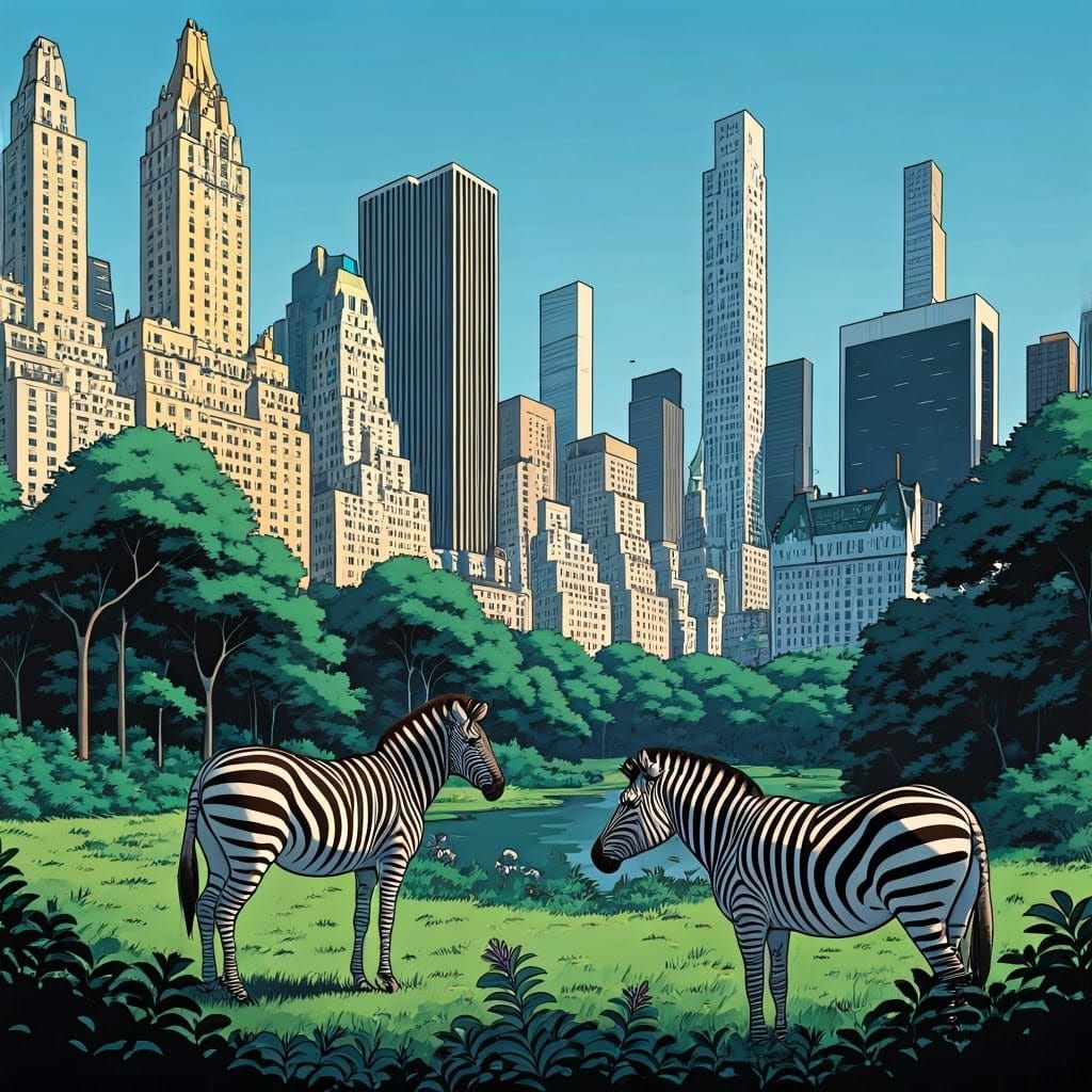 Zebras Roam Freely in Central Park: Comic Book Style