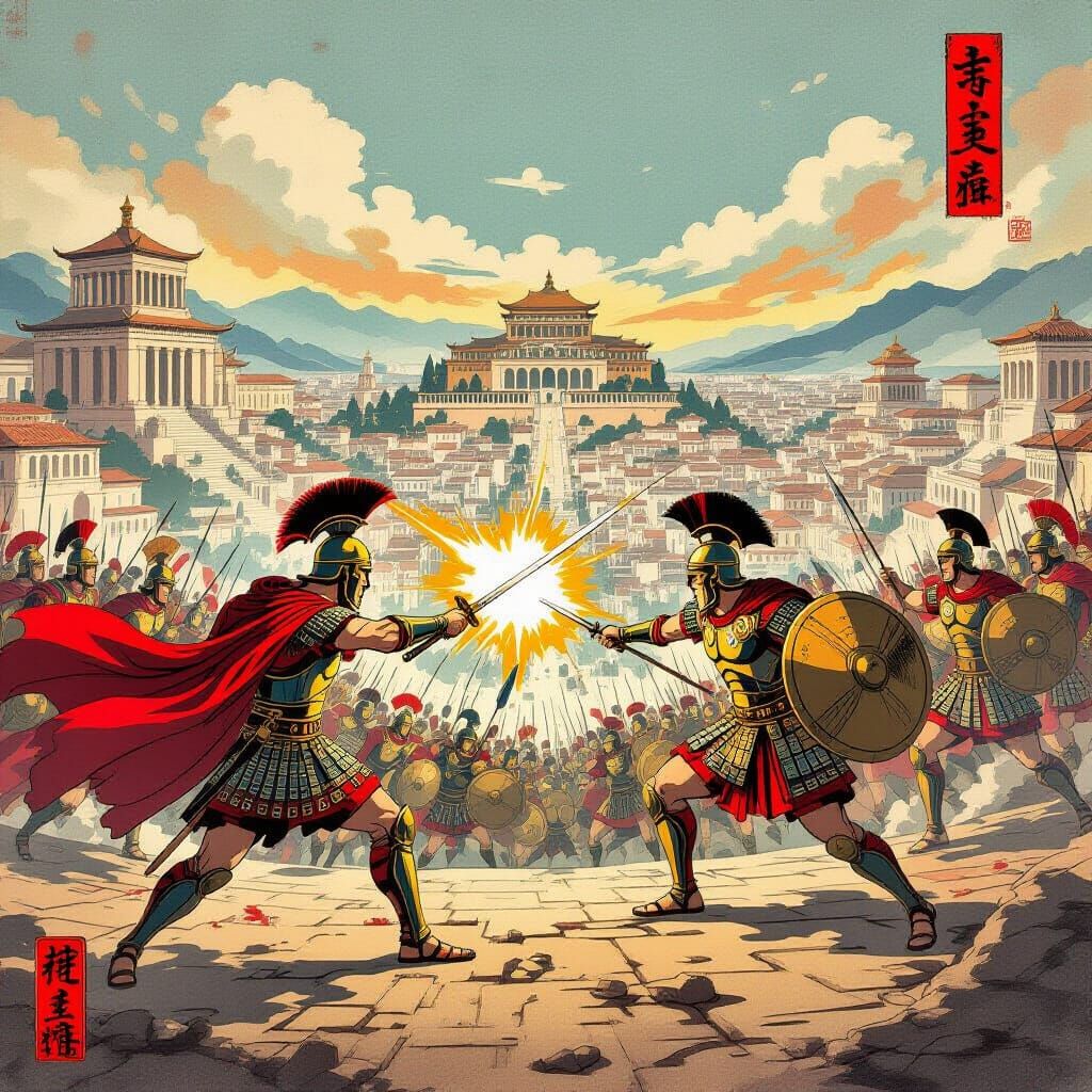 Vivid ukiyo-e style in  Futuristic Roman Empire city, great ...