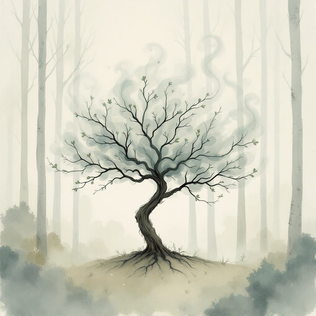 Wisps of smoke twisting into the shape of a tree against a b...