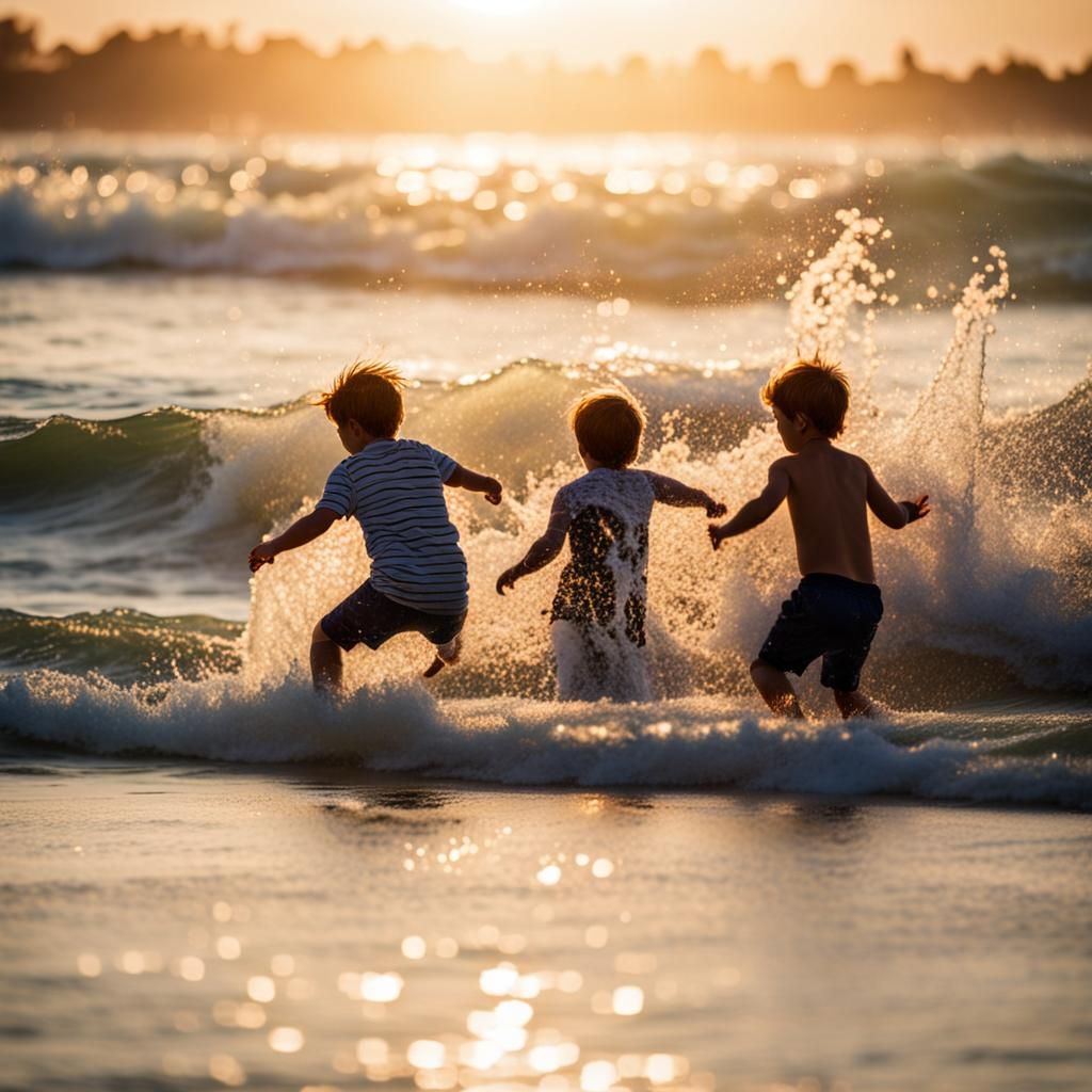 Children Play in Waves at Sunrise: Photographic