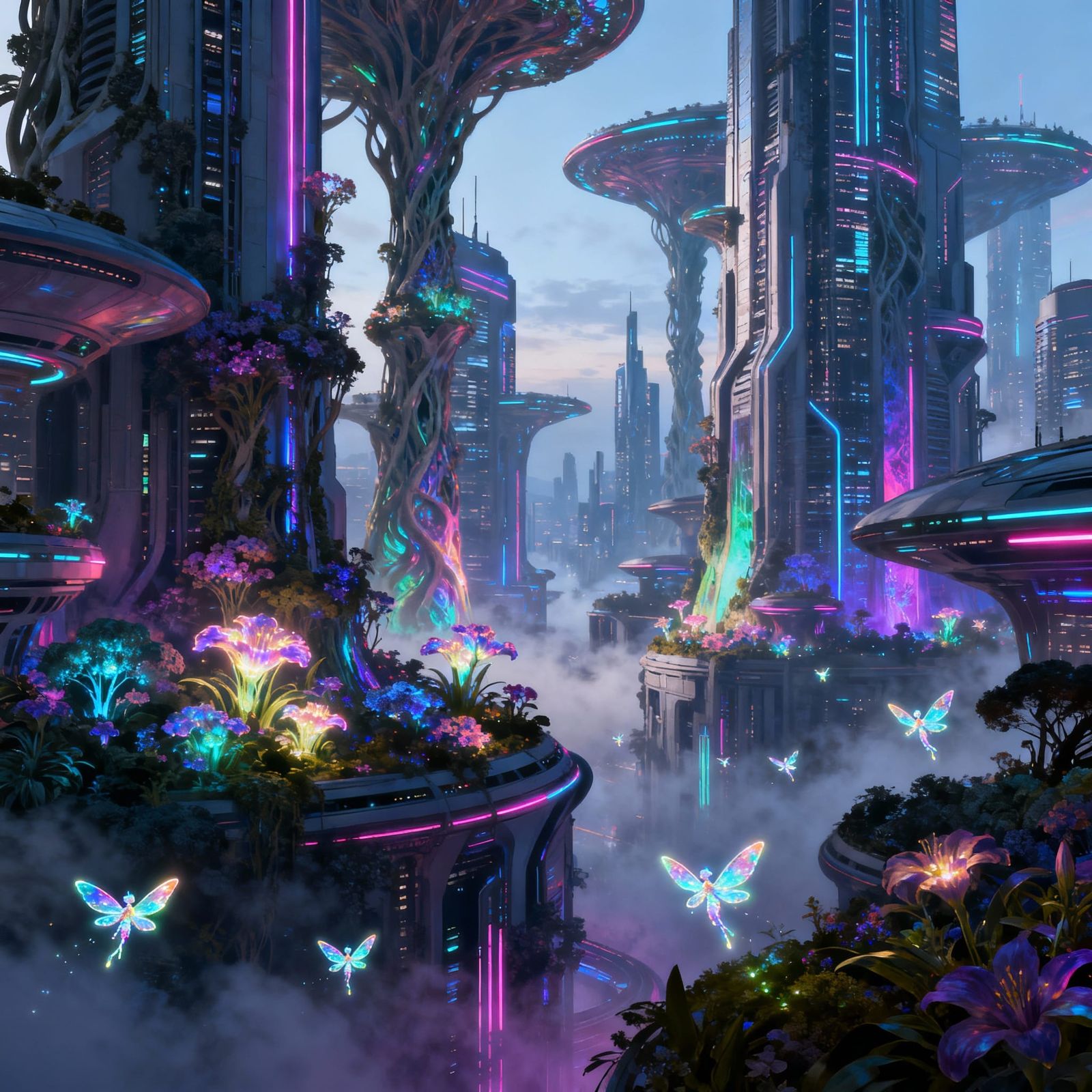 Futuristic Metropolis with Bioluminescent Flora and Fairies