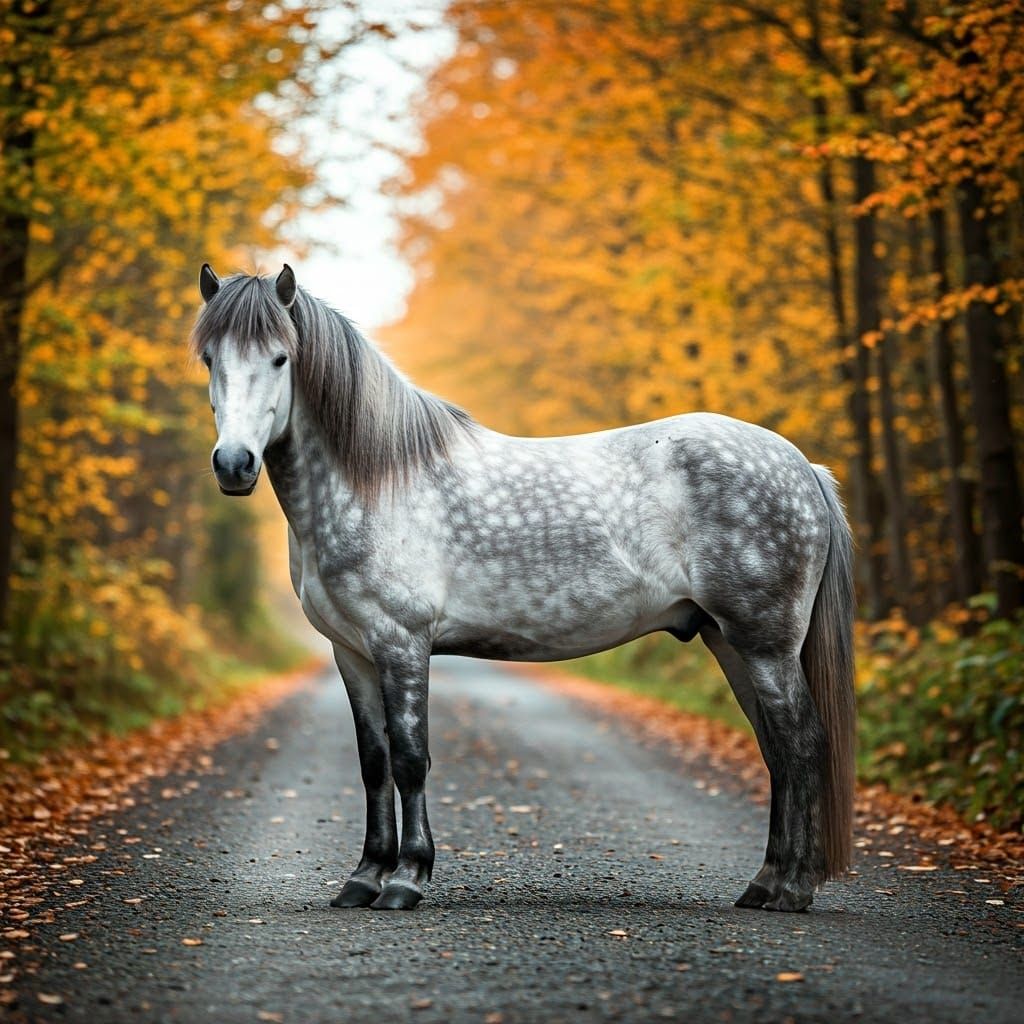 Majestic Grey Icelandic Horse in Autumn Forest