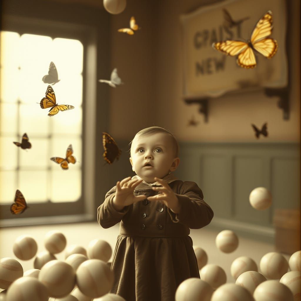 Vintage Child with Defying Gravity Butterflies