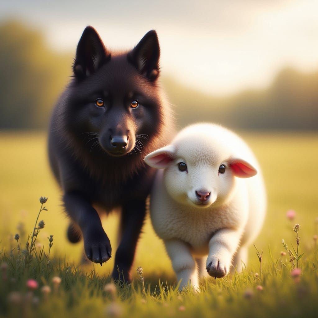 Black Wolf and White Sheep in Tranquil Meadow