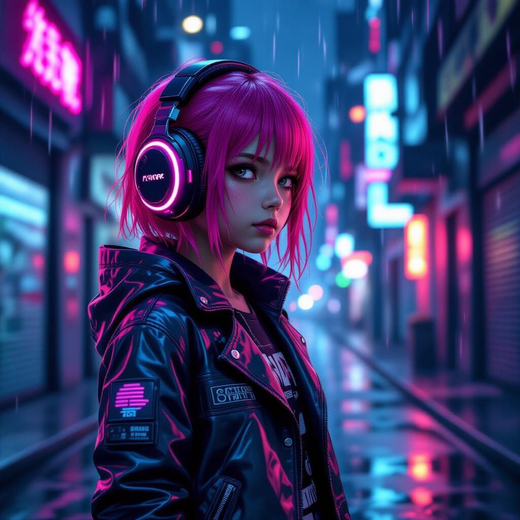 Cyberpunk Girl With Pink Hair in Neon Alley