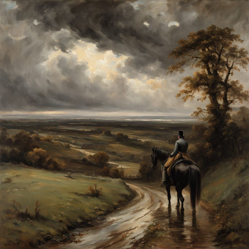 A Young Woman Meets a Dark Rider in the English Countryside,...