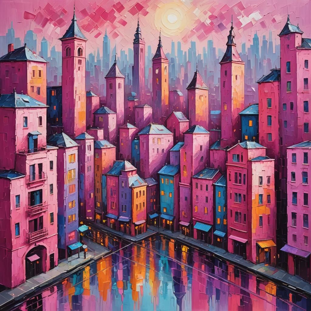 Pink Cyber City in Expressionist Oil Painting Style