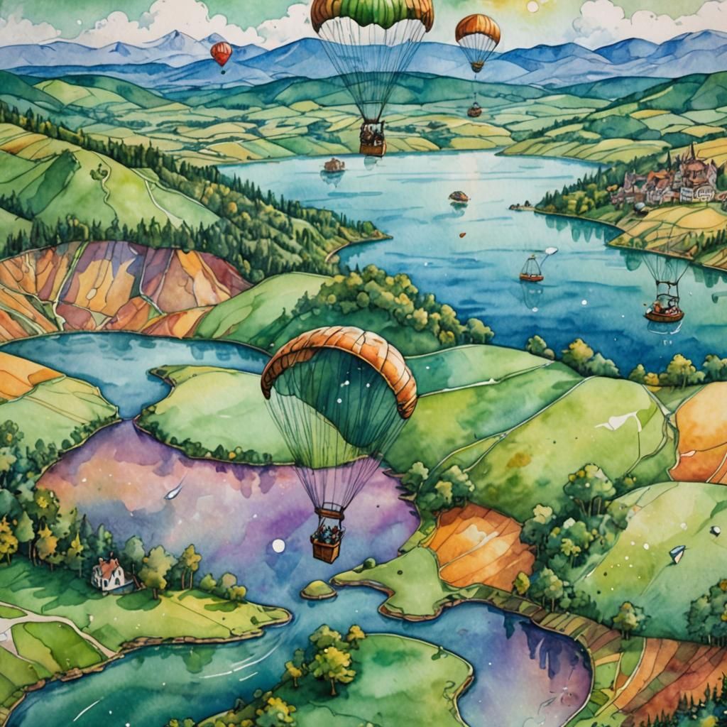 Steampunk Watercolor: Parachutist Over Serene Landscape