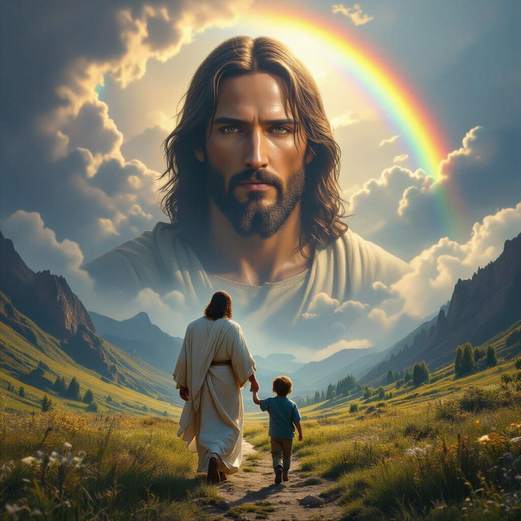 Jesus and Boy in Valley Under Rainbow
