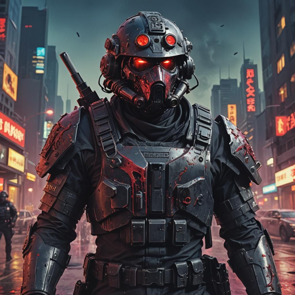 Kerberos Panzer Police in Blood-Soaked Cityscape
