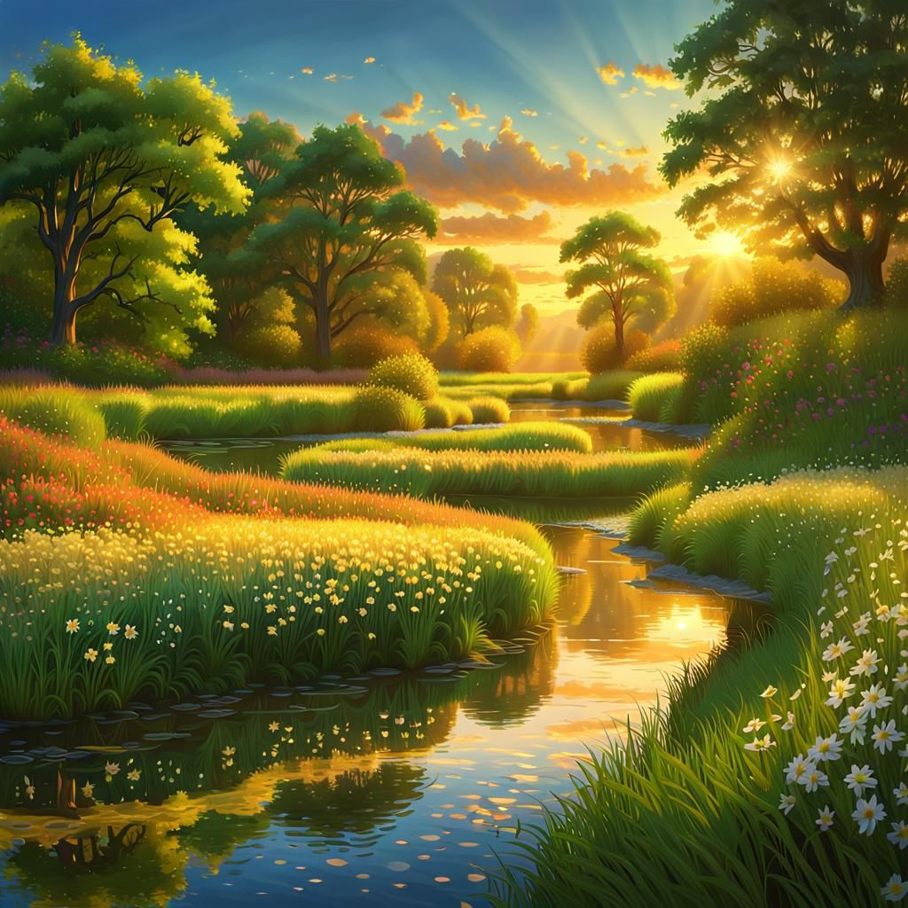 Golden Hour Countryside with "Green Country" Inscription