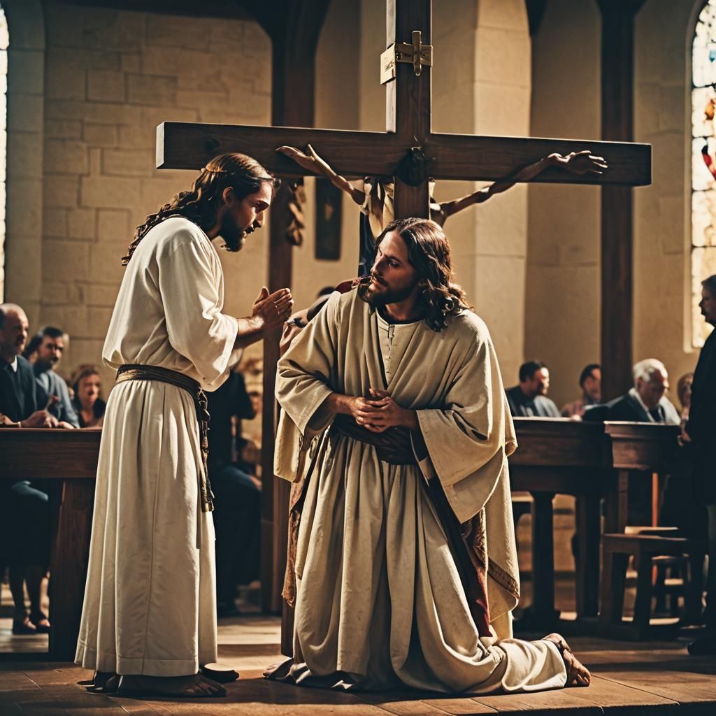 Jesus Speaks to Kneeling Man: Religious Photography