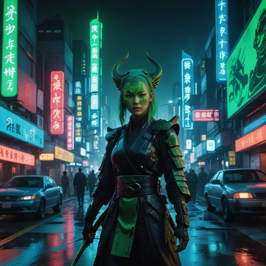 Glowing Green Haired Samurai Girl Stands Tall in Neon City