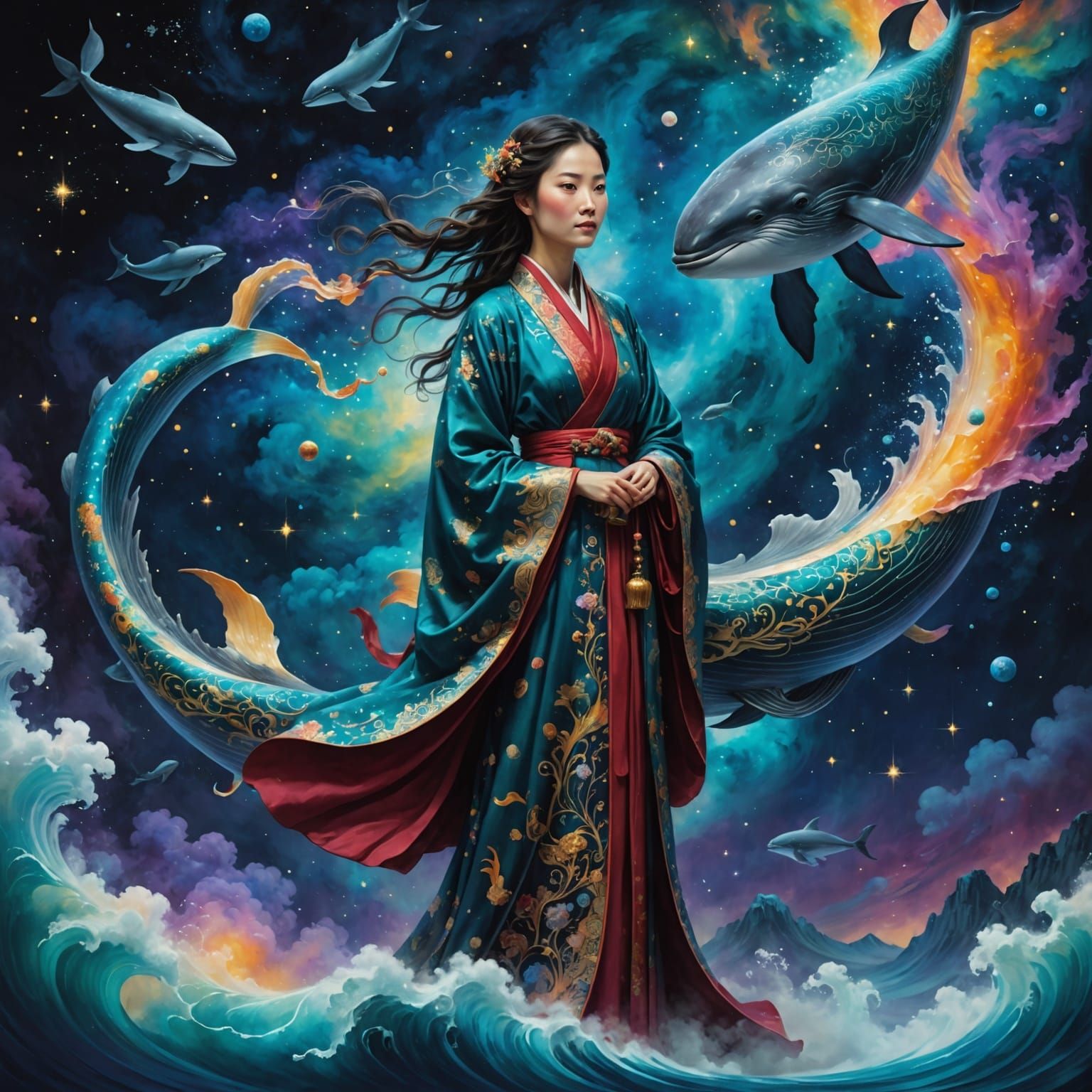 Empress with Sky-Whale in Cosmic Nebula