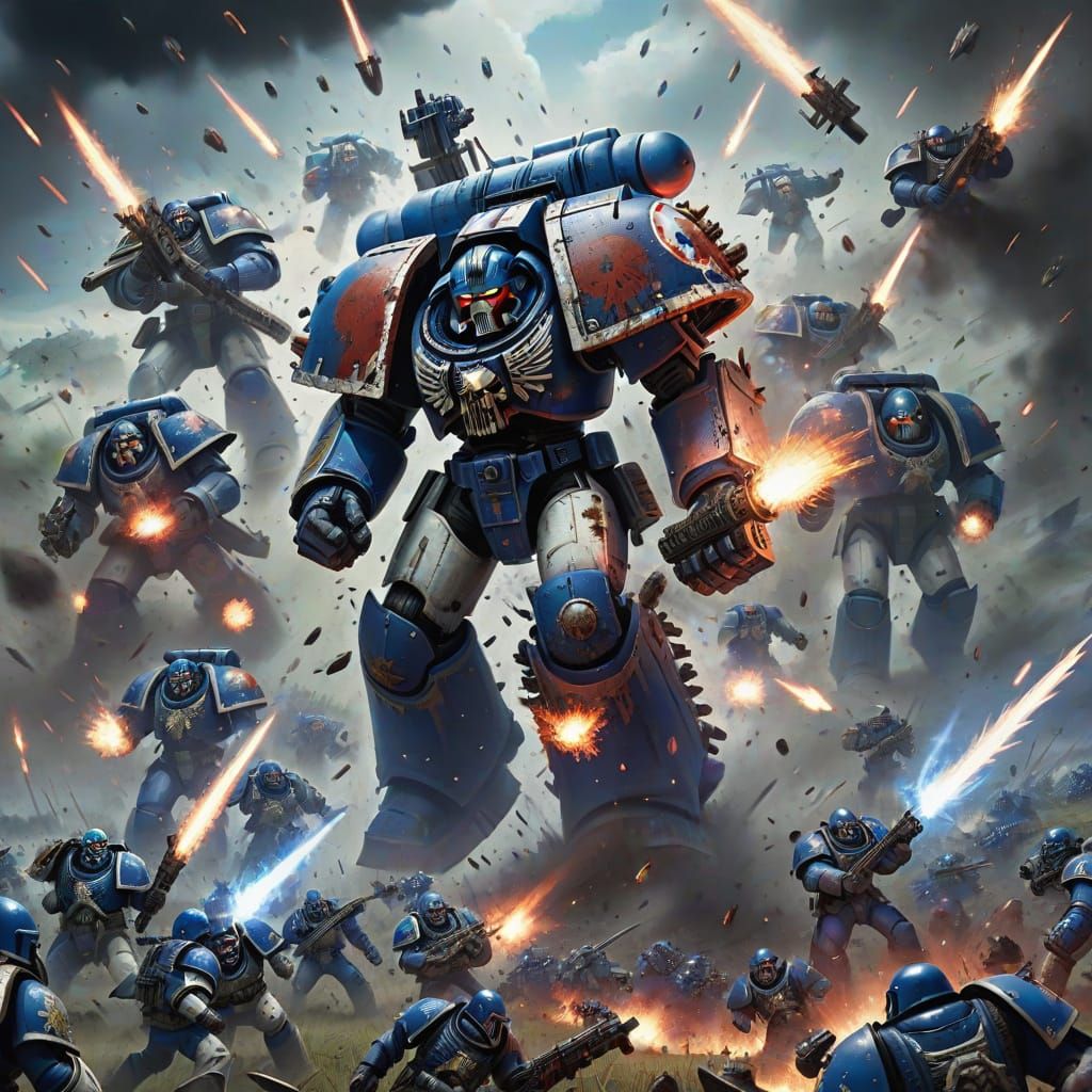Space Marines Charge Through Skull Field Under Lightning Sky