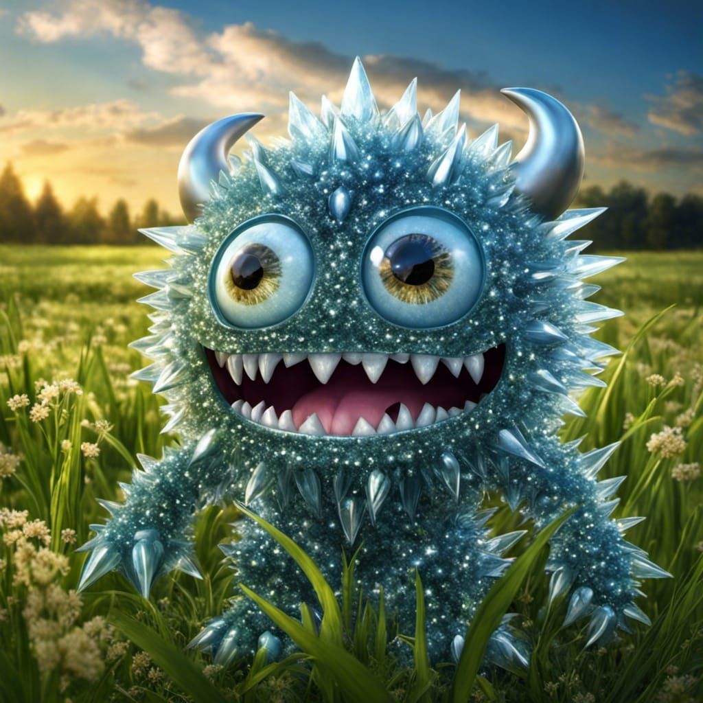 Cute Ice Crystal Monster in Lush Field