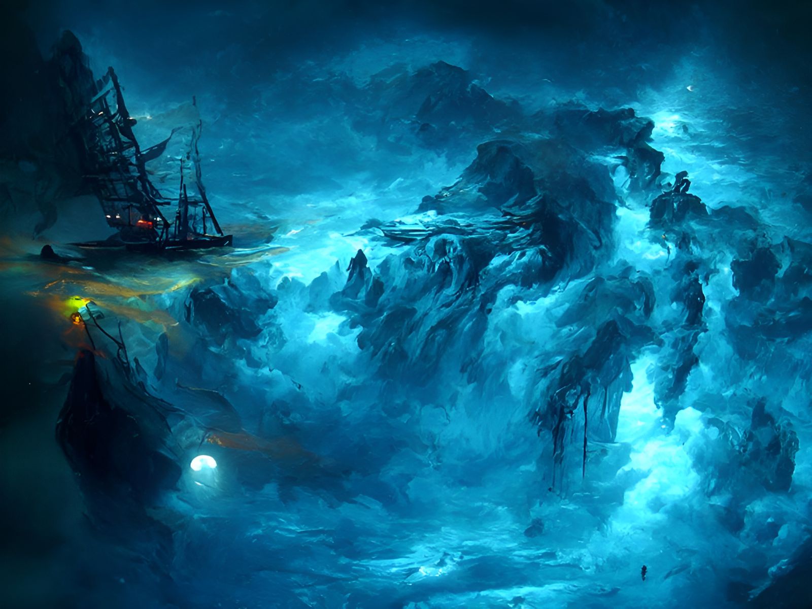 Ghost Ship Sailing Through Luminous Clouds
