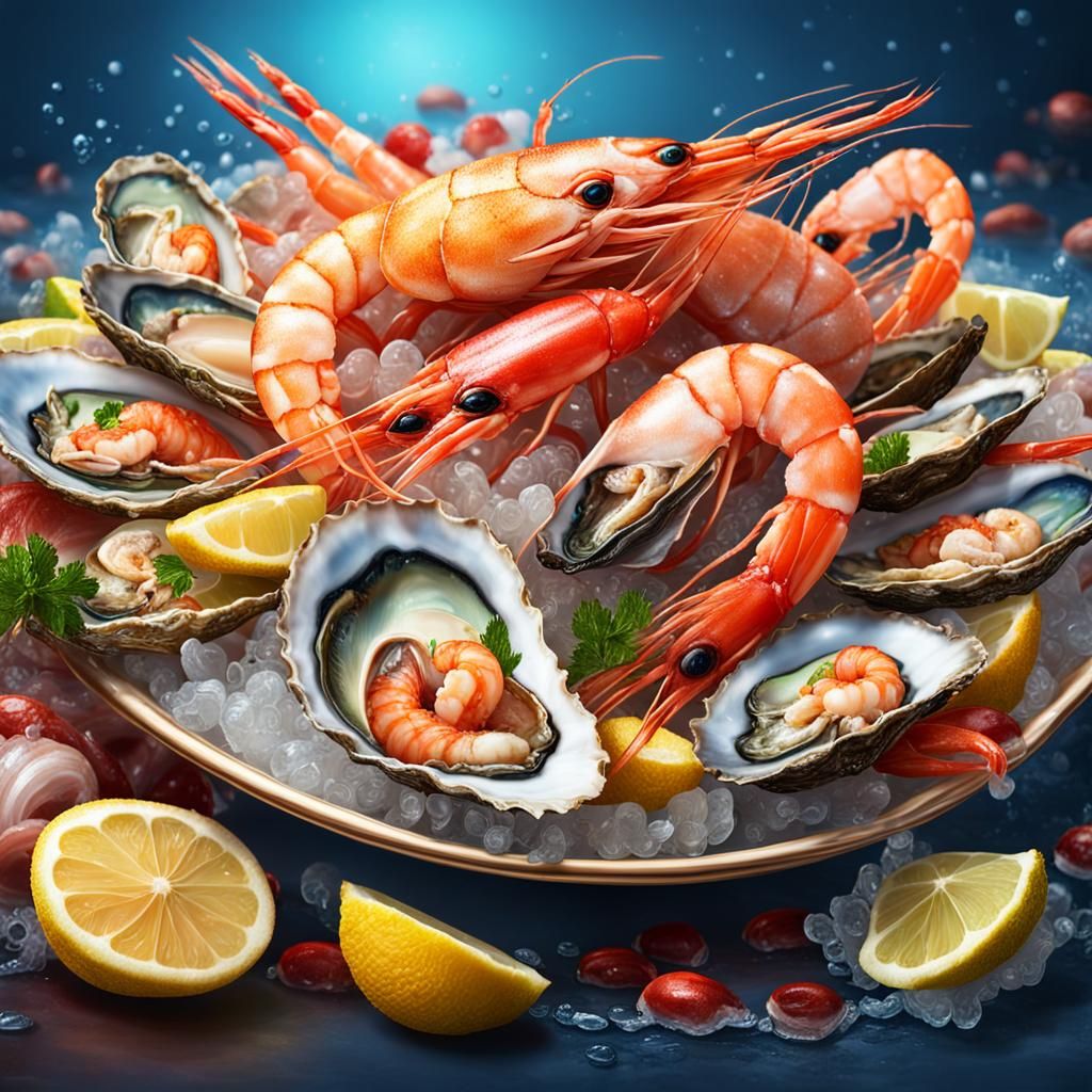 Hyperrealistic Seafood Dish with Shrimps and Oysters