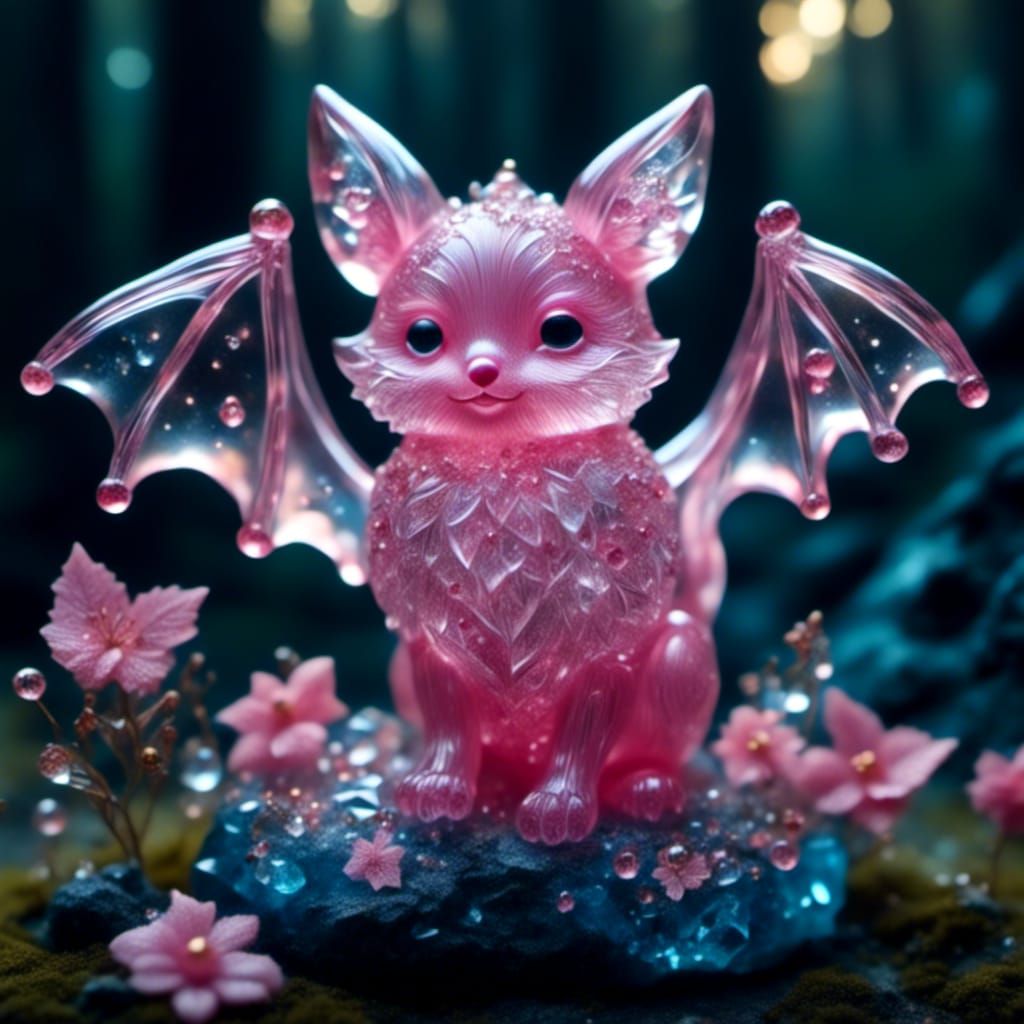 Crystalline Pink Bat in Forest, Detailed 3D Art