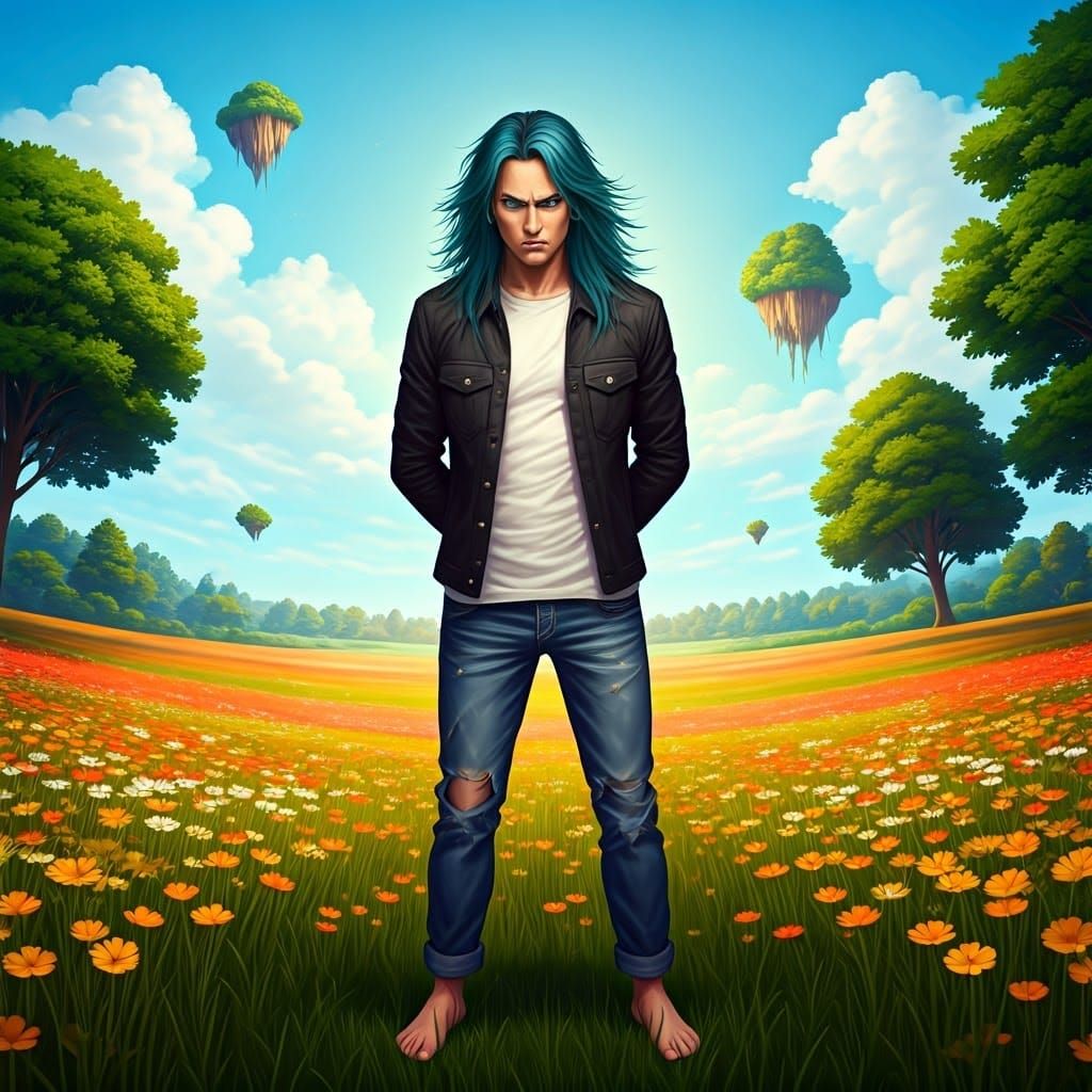 Frowning Man with Blue Hair in Floral Field