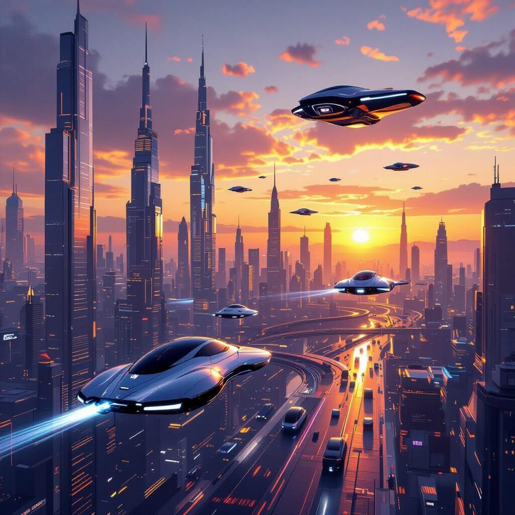 Futuristic City Sunset with Flying Vehicles