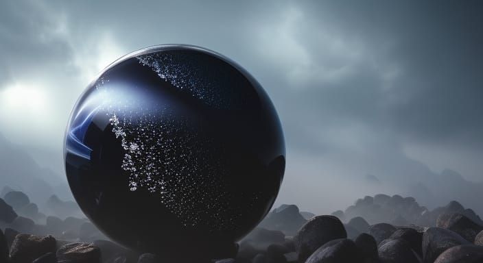 Floating Obsidian Orb in Ethereal Landscape