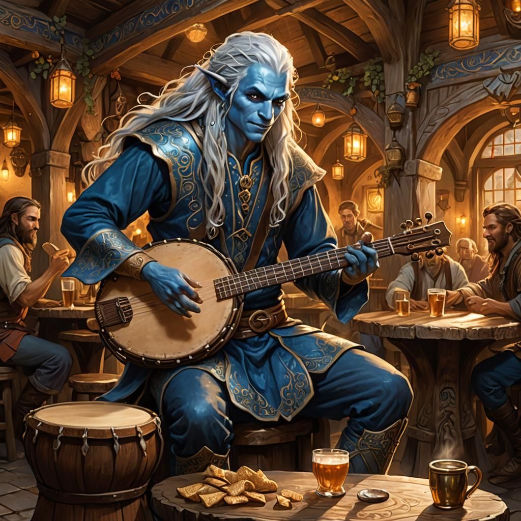 Sea Elf Musician in Lively Tavern Scene