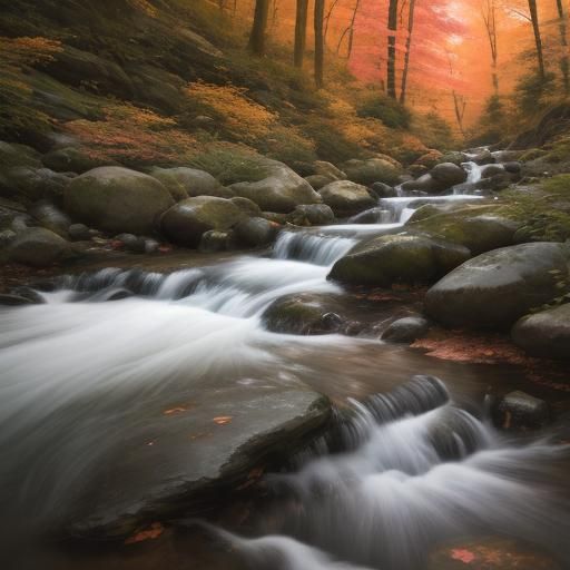 Serene Mountain Stream at Sunrise: Panoramic Landscape