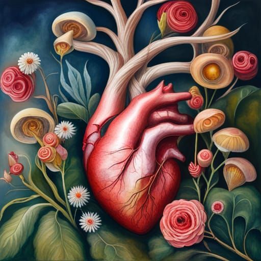 Vibrant Heart with Flora, Fantastical Mixed Media Art