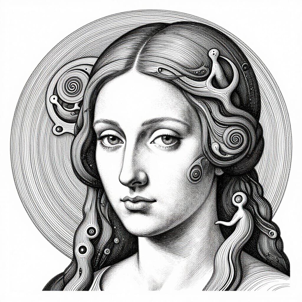Renaissance Woman Face in Spiral Line Art