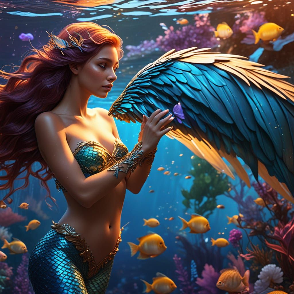 Ethereal Mermaid with Fairy Wings in Golden Light