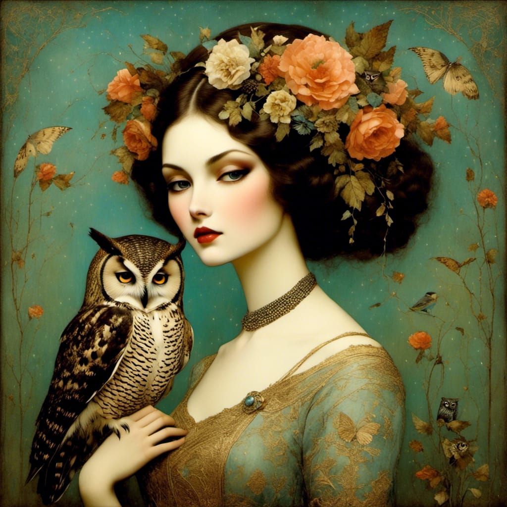 Country Girl with Owl, Whimsical Illustration