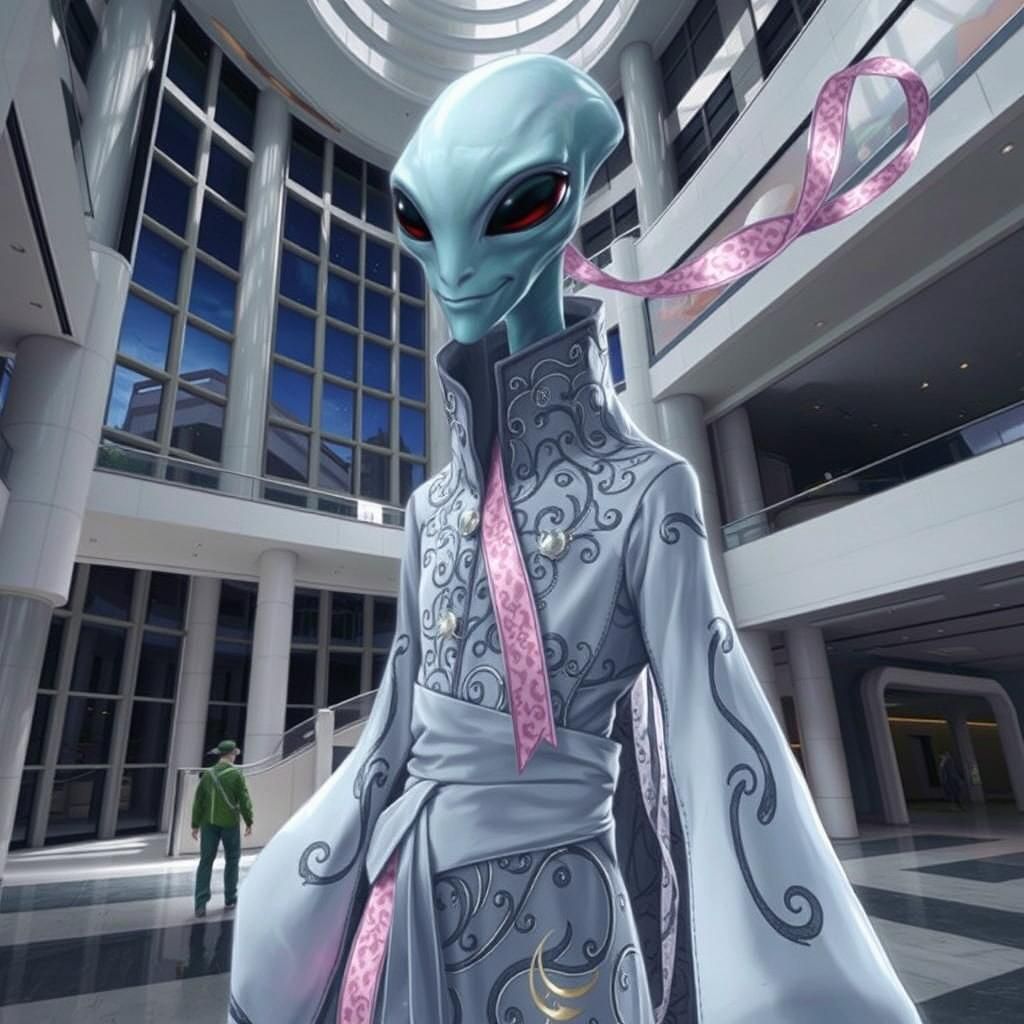 A slender, humanoid alien diplomat with an elongated head, large almond-shaped eyes, and iridescent blue skin, dressed i...