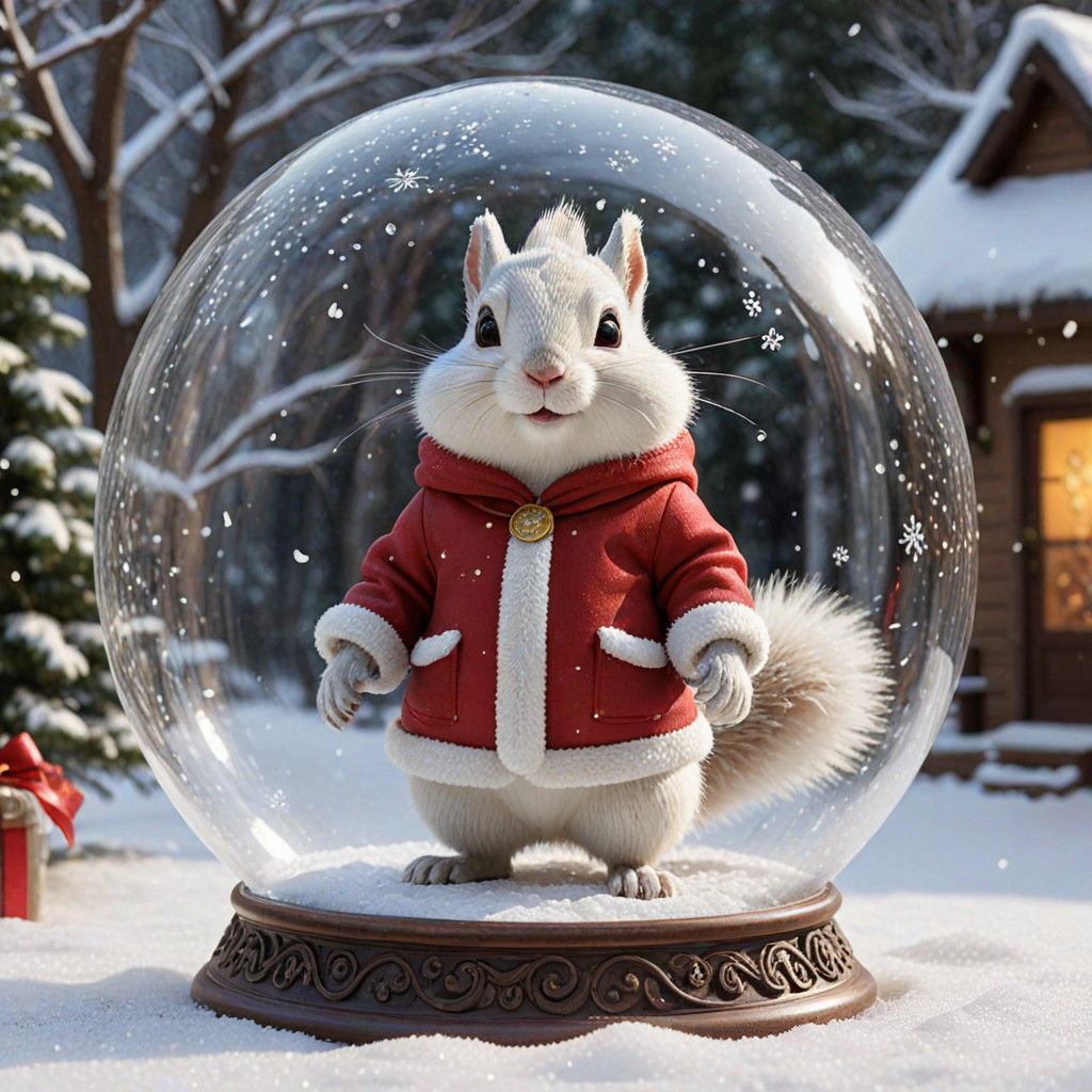 Whimsical White Squirrel in Snow Globe Wonderland
