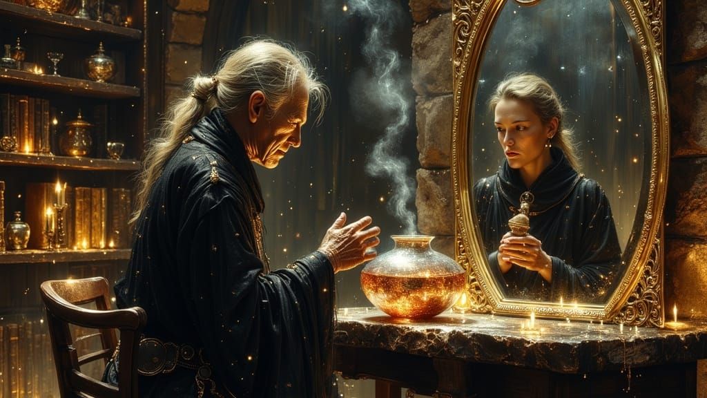 Witch's Reflection: Ancient to Young in Dark Fantasy Style