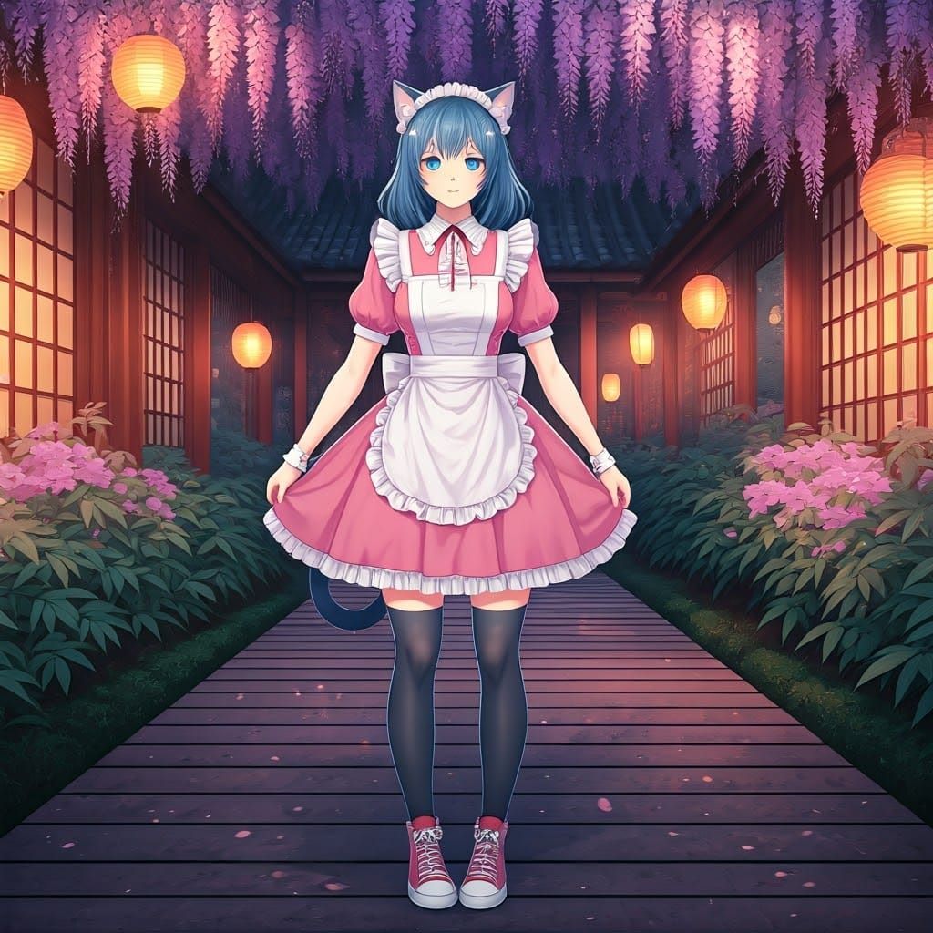 Cat-Girl Maid in Japanese Garden, Seinen Anime Style