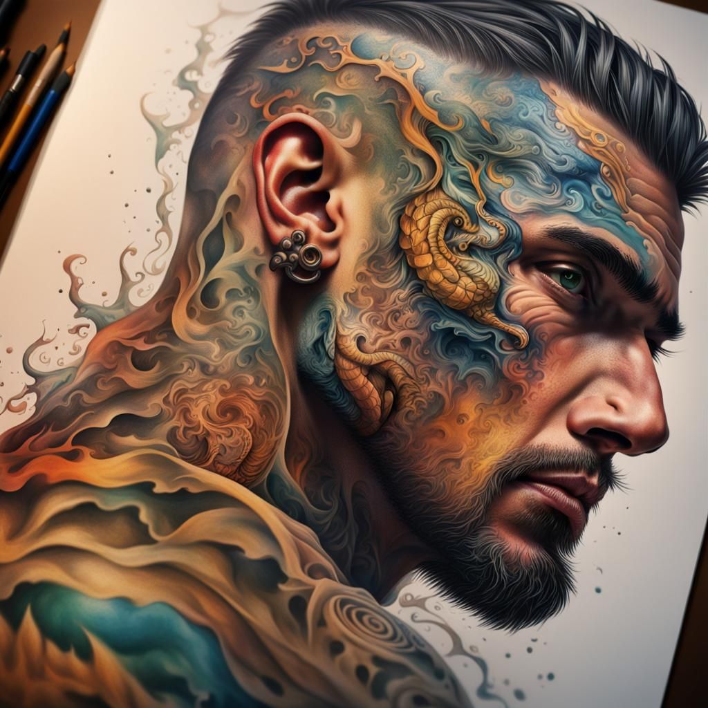 Man with Dragon Tattoo: Hyperrealistic Splash Art