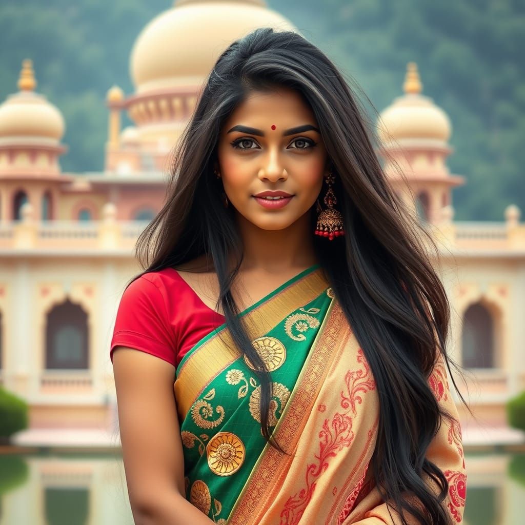 Indian Noblewoman in Traditional Saree Attire