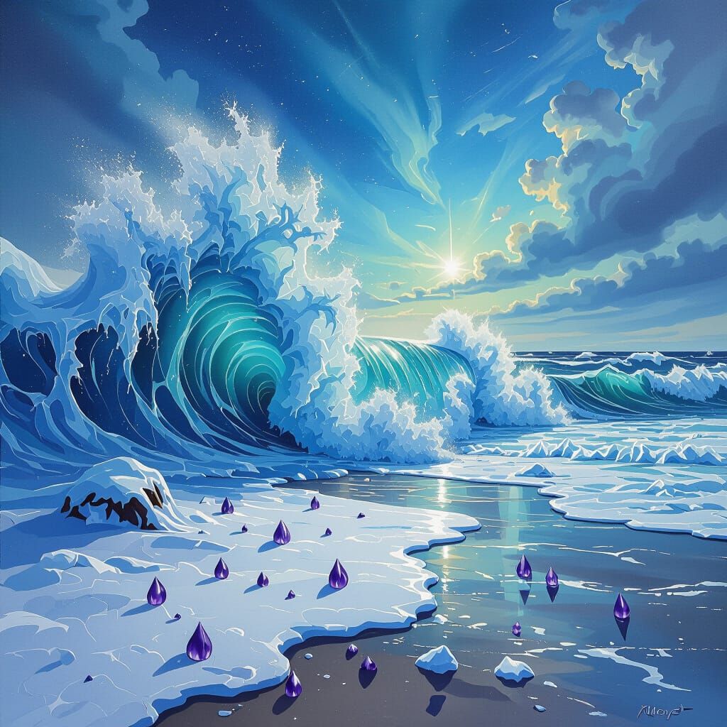 Futuristic Acrylic Art of Snow Waves Crashing on Snowy Beach...