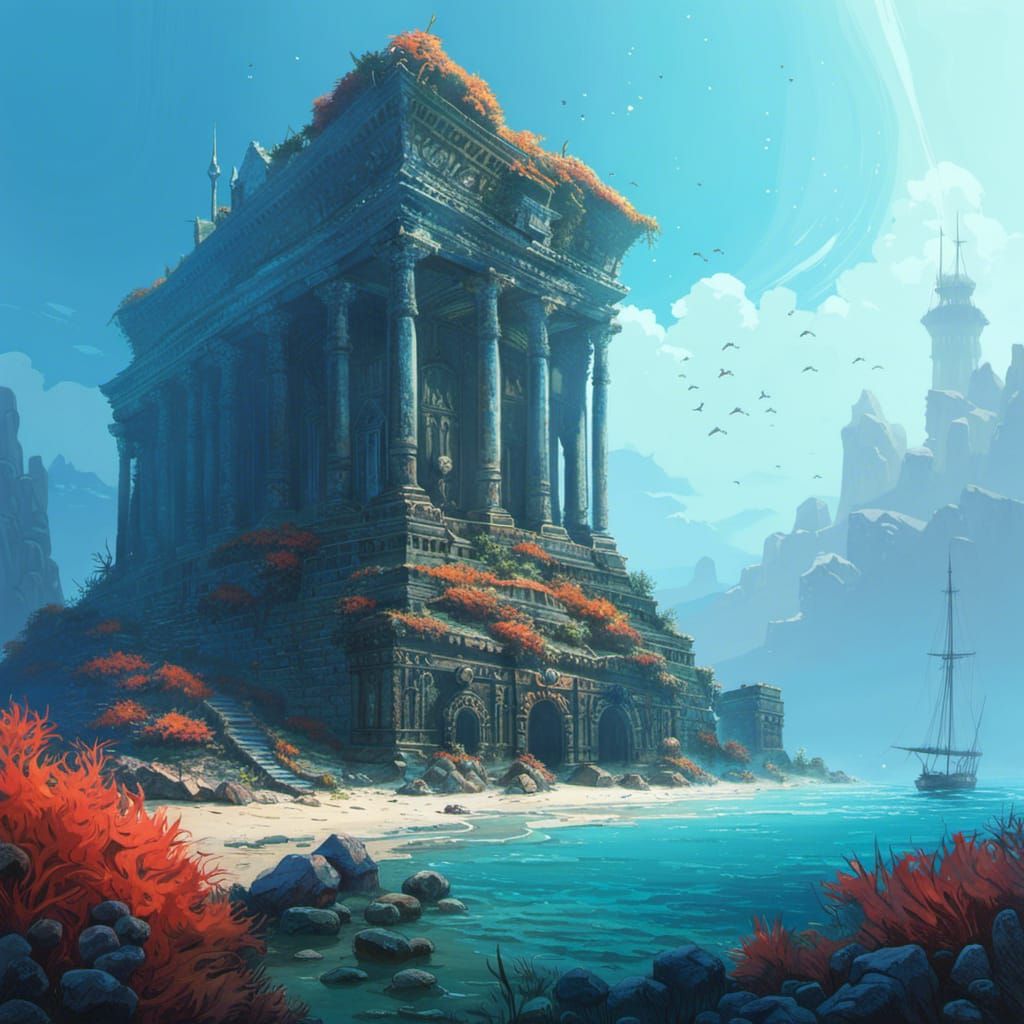 Underwater Ruins With Coral in Maximalist Style